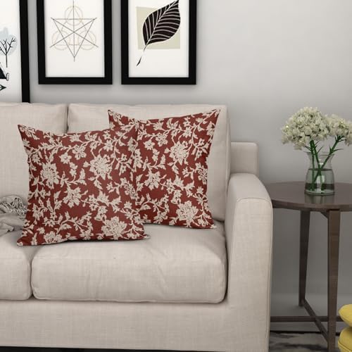 Rustic Red Floral Pillow Covers 18x18 Set of 2 Brown Cream Vintage