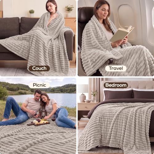 Utopia Bedding Fluffy Striped Fleece Blanket Linen King, 90x102 Inches