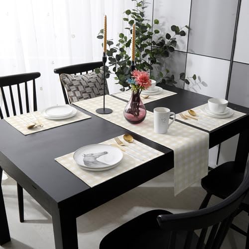 Light Beige Check Table Runner and Placemats Set of 6 Modern Farmhouse