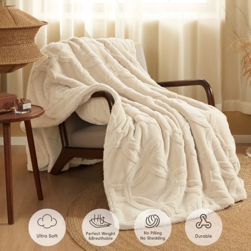 PHF Soft Sherpa Fleece Blanket King, Tufted Jacquard, 01-Oat Milk
