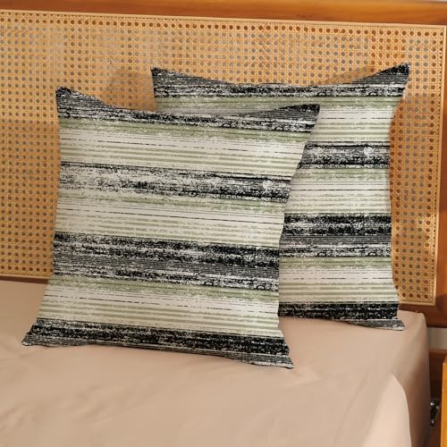 Boho Pillow Covers 18x18 Set of 2 Geometric Sage Green Black Stripe