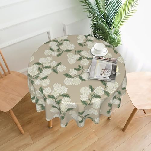 Beige Floral Round Tablecloth 70 Inch Khaki Green Hydrangea Flower
