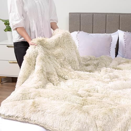 PAVILIA Cream Beige Fluffy Fuzzy Faux Fur King Size Blanket for Bed