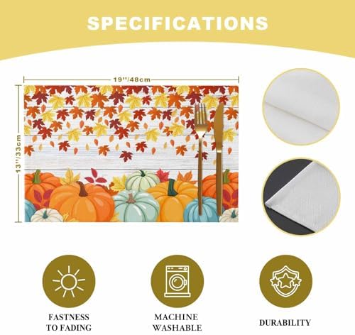 Placemats Set of 8, Thanksgiving Pumpkin Fall Harvest Washable Table