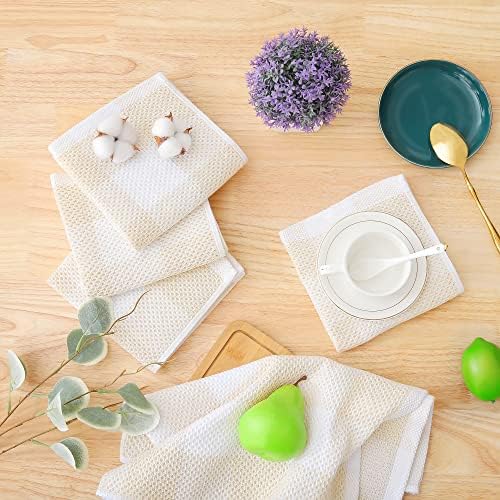 Homaxy 100% Cotton Check 6 Pack Dish Cloths, 12" x 12", White & Beige