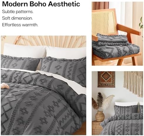 MR&HM Boho Duvet Cover Queen, Vintage Tufted Bedding, 3-Piece, Dark