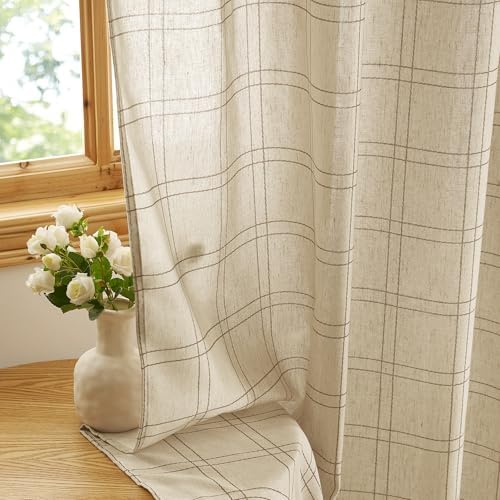 RYB HOME Rustic Linen Blend Gingham Curtains for Living Room 84 Inch