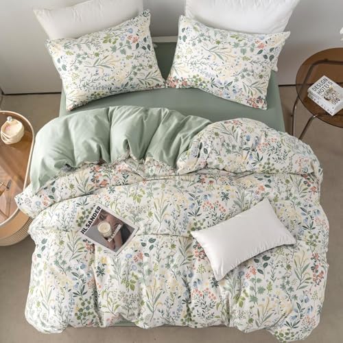 mixinni Sage Green Duvet Cover Set Queen-Exquisite Floral Queen Size