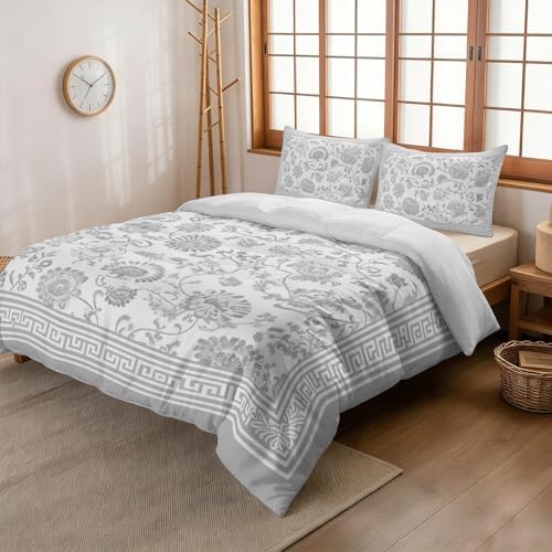 3 Pieces Bedding Set Queen Size, Grey Floral Soft Duvet Covers Set