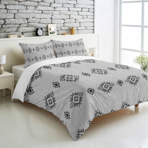 Grey Boho Duvet Cover Full Size, Western Ethnic Tribe Linen Texture