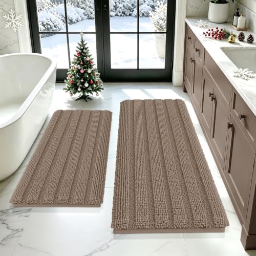 ACCUMTEK Striped Dark Beige Bathroom Rug Mat Set 2 piece