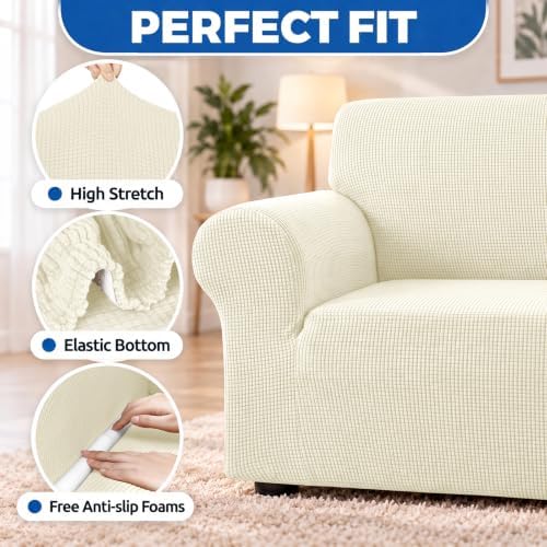 KEKUOU Stretch Loveseat Couch Cover, 2 Cushion Couch Slipcover,Beige