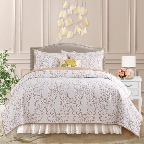 Querencia Cotton Quilt King Size - Embroidered Beige Quilt Tan Cotton