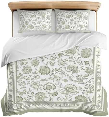 3 Pieces Bedding Set Queen Size, Sage Green Floral Soft Duvet Covers