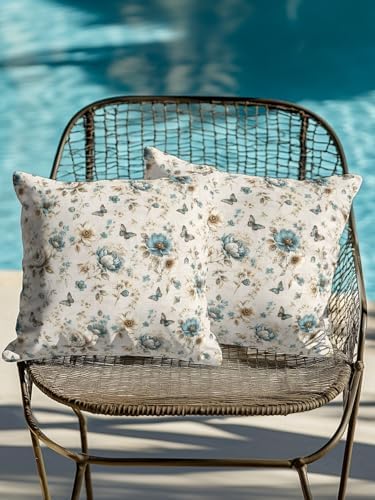 Vintage Tulip Throw Pillows 18x18 Set of 2, Teal Flowers Butterfly