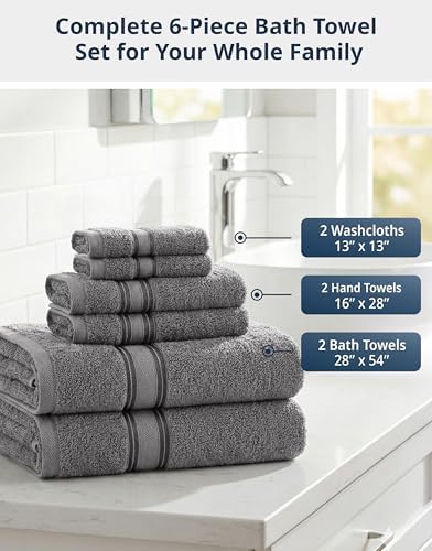 LANE LINEN Bath Towel Set 100% Cotton 6 Piece Soft Absorbent - Grey