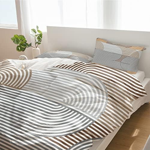 Duvet Cover Set Queen, Grey Stripes Abstract Geometric 3 Piece Bedding