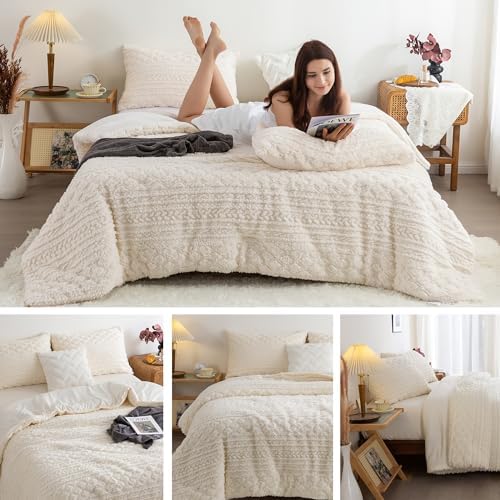 COTTEBED Sherpa Fluffy Comforter Sets KING Size Bed, Boho Tufted Cal