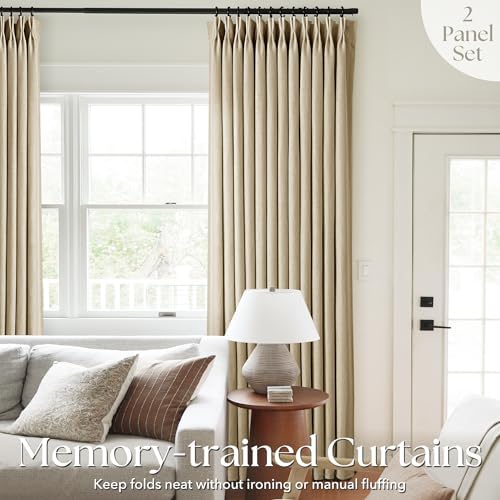 Tan Pinch Pleated Linen Curtains 84 inches Long 2 Panel Set for Living