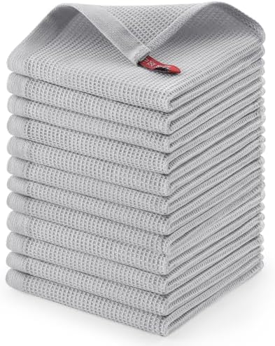 Homaxy 100% Cotton Waffle Weave Dish Cloths, 12 Pack, Light Grey