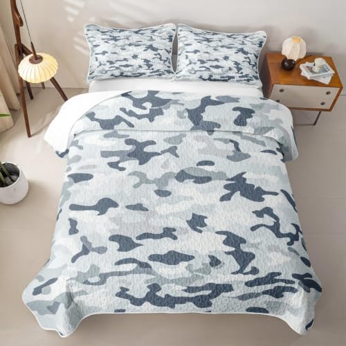 Manfei Grey Camouflage Quilt Set Minimalist Camo Quilt Bedding Kids