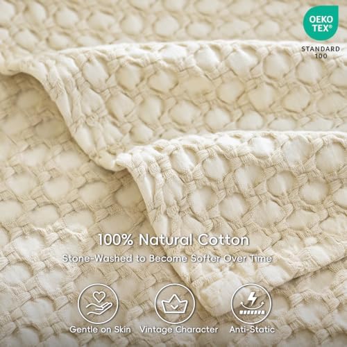 Stone Washed 100% Cotton Waffle Blanket Queen Size, Sand