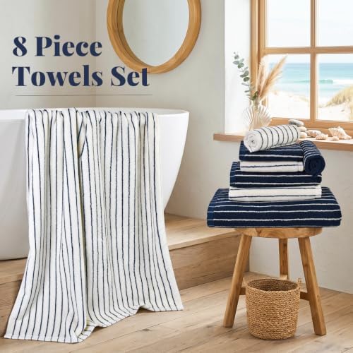 8-Piece Navy Blue and Ivory Towel Set, Cotton Striped Towels for