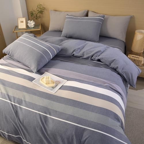 vctops 100% Washed Cotton Duvet Cover King Size 3 Pieces Grey Striped