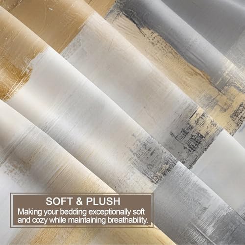 Gold Gray Block Comforter Set King Brush Stroke Duvet Cover Set