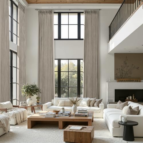 Pinch Pleated Linen Tan Curtains 192 Inches Long for High Ceiling