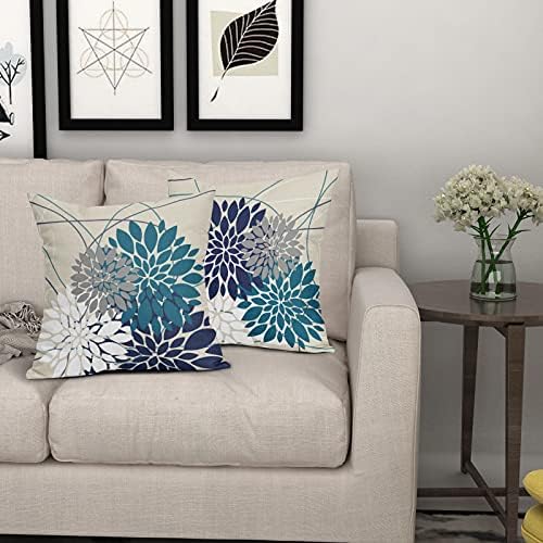 Navy Blue Teal White Grey Flower Pillow Covers 22x22 Set of 2 Dahlia