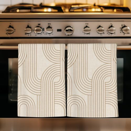 Beige Stripes Kitchen Towels Set of 3, Absorbent Dish Towels for