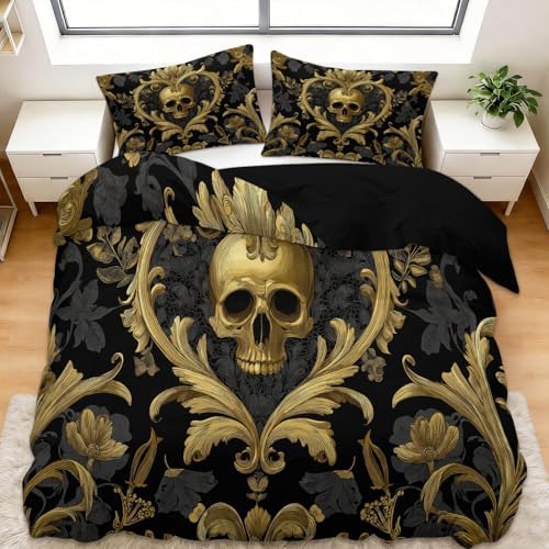 California King Duvet Cover Set Gothic Style Skull with Gold