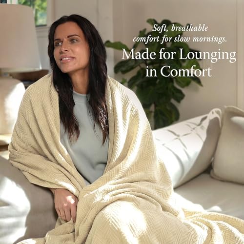 Threadmill Luxury 100% Cotton Queen Herringbone Blanket, Vanilla Cream
