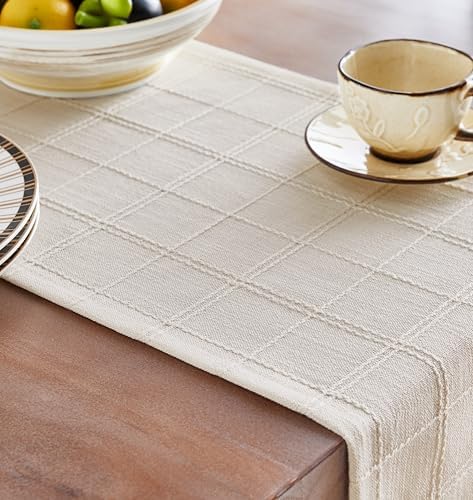 ZeeMart Linen Checked Farmhouse Table Runner, 13x108 Inches Ivory