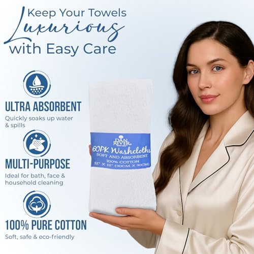 DAN RIVER 60 Pack Wash Cloths for Showering [12x12] - 100% Cotton