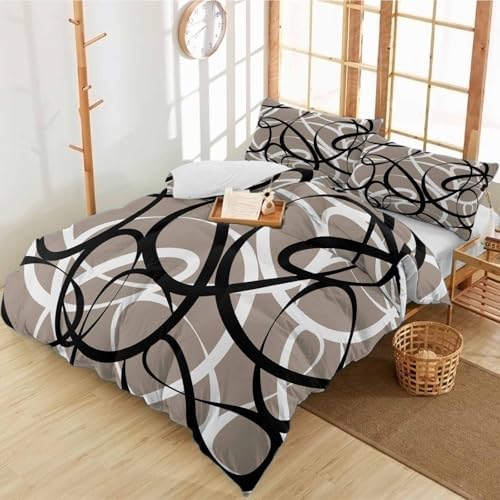 Duvet Cover Set Queen, Abstract Stripe Black White on Gray 3 Piece