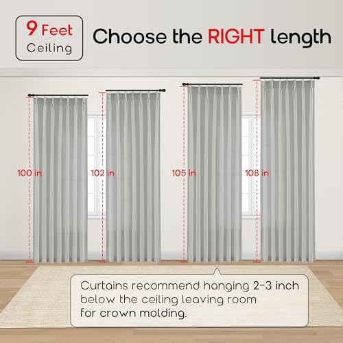 SHINELAND Grey Pinch Pleated Sheer Curtains 108 Inch Long, Light Gray
