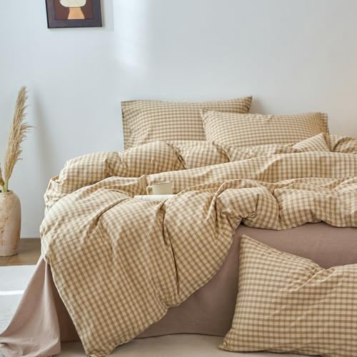 LifeTB Brown Gingham Duvet Cover Set Queen Beige Tan Plaid Checkered