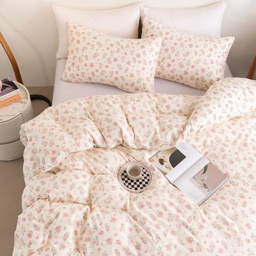 Floral Duvet Cover Set Queen Size, 3 Pieces Pink Flower and Green Leaf