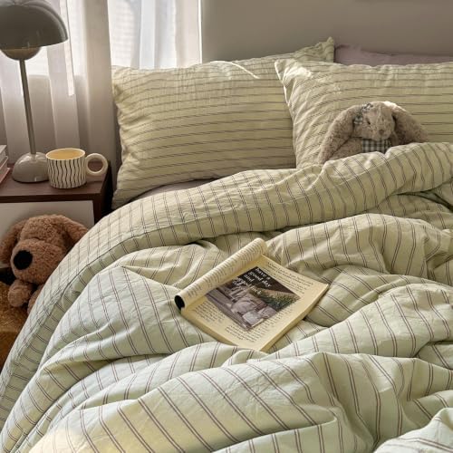 Vintage Striped Duvet Cover Queen Size 3Pcs Washed Cotton Retro