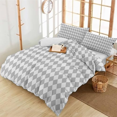 Duvet Cover Set Queen, Abstract Gray White Plaid 3 Piece Bedding Set