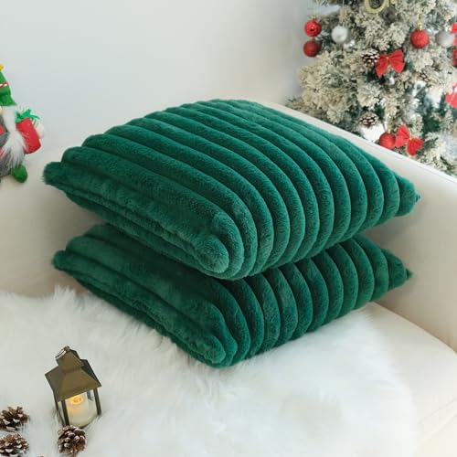 JOJUSIS Faux Fur Plush Throw Pillow Covers, Dark Green, 22 x 22-Inch