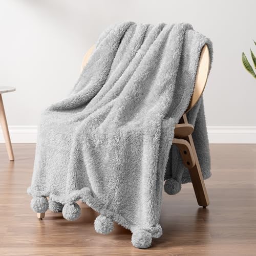 PAVILIA Soft Sherpa Twin Blanket Pom Pom for Couch Bed, Light Gray