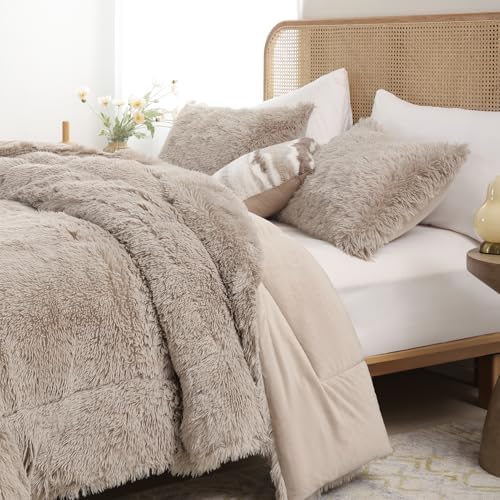 Smoofy Fluffy King Size Comforter Set, Oatmeal Faux Fur Comforter Set