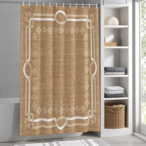 Brown Double Lines Shower Curtain 84 Inches Long Modern Linen Texture