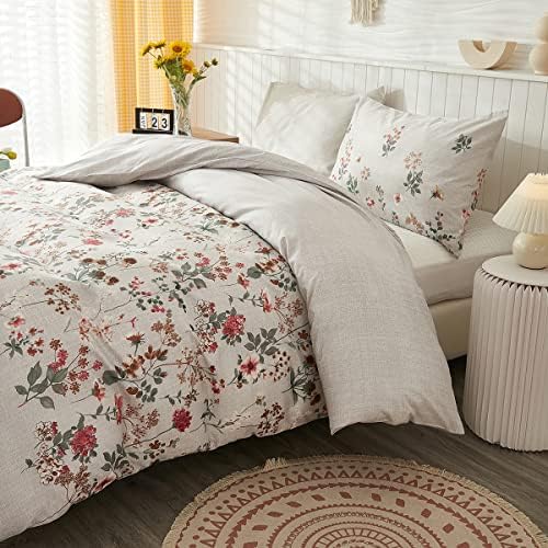 INFLAG Duvet Cover Set - 100% Cotton Reversible Floral Duvet Cover Set
