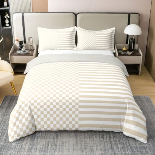 Erosebridal Beige and White 100% Cotton Duvet Cover with Zipper Queen