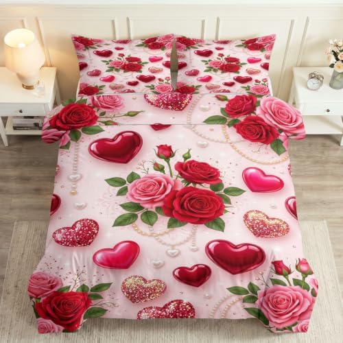 King Duvet Cover Set Soft Microfiber Valentine's Day Roses