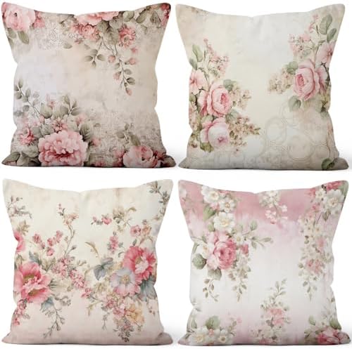 Floral Pillow Covers Poppy Rose Flower Vintage 20x20 Set of 4
